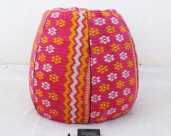 Handmade Floral Kantha Bean Bag Chair: Bohemian Ottoman Pouf
