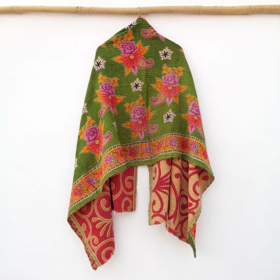 Handmade Kantha Scarf, 100% Organic Cotton, Reversible Floral Neck Wrap Stole