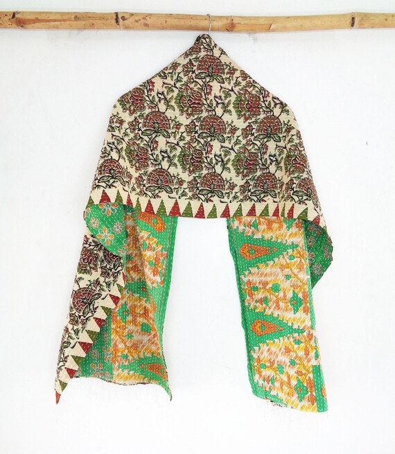 Handmade Cotton Kantha Scarf: Embroidered Floral Neck Wrap