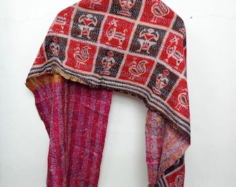 Handmade Kantha Silk Scarf, Reversible Floral Wrap, Bohemian Luxury Stole