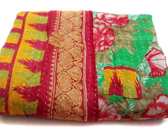 Handmade Floral Kantha Quilt: Indian Cotton Twin Bedspread