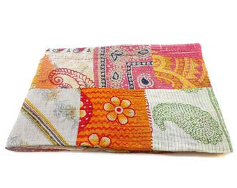 Handmade Floral Kantha Quilt: Indian Cotton Twin Bedspread