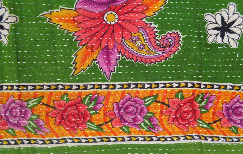 Handmade Kantha Scarf, 100% Organic Cotton, Reversible Floral Neck Wrap Stole image 4