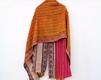 Handmade Silk Kantha Scarf, Floral Embroidered Neck Wrap