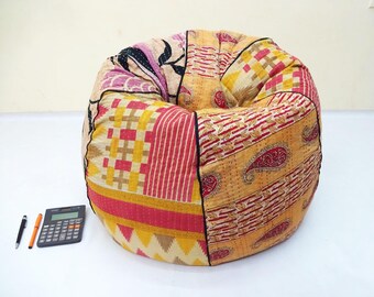 Handmade Kantha Quilt Bean Bag Chair: Floral Embroidered Cotton Ottoman Pouf