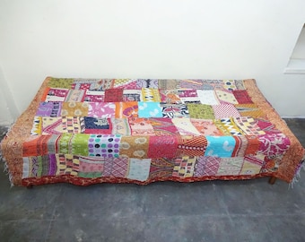 Handmade Kantha Quilt Indian Cotton Bedspread Bedding ,throw, bed cover , coverlet , twin size quilt