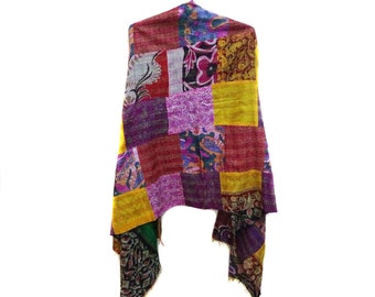 Patchwork Silk Kantha Scarf: Hand-Quilted Stole Neck Wrap