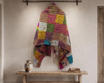 New Lady Blanket Oversized kantha Patch Work Scarf Wrap Shawl ,Double Size Silk Scarf Hand Quilted Women Shawl Stitched