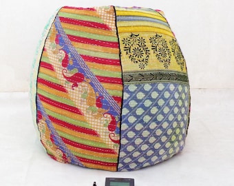 Handmade Kantha Quilt Bean Bag Chair: Floral Cotton Ottoman Pouf