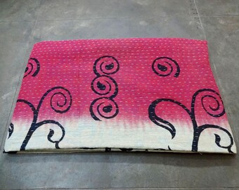 Floral Kantha Quilt: Handmade Indian Cotton Twin Bedspread