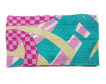 Twin Cotton Kantha Quilt: Floral Handmade Indian Bedspread