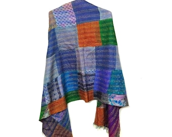 Patch Work Silk Scarf Head Wrap Stole Kantha Embroidered Scarf Boho Scarves, Dupatta