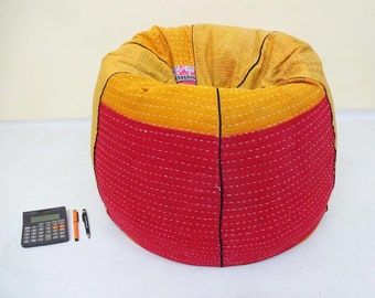 Handmade Floral Kantha Cotton Bean Bag Chair: Bohemian Ottoman Pouf