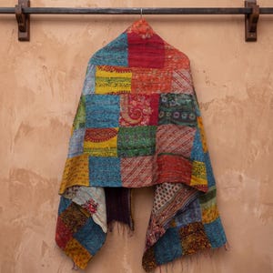 Handmade Silk Kantha Scarf | Floral Patchwork Stole, Reversible Recycled Saree Shawl