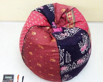 Handmade Floral Kantha Bean Bag Chair: Bohemian Cotton Pouf