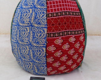 Handmade Floral Kantha Quilt Bean Bag Chair: Bohemian Ottoman Pouf