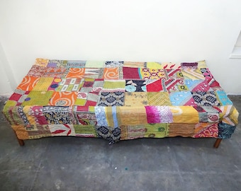 Edredón Kantha, colcha de algodón indio, manta, ropa de cama, funda de cama, decoración del hogar