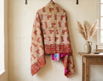 oversized Silk Scarf Head Wrap Stole Kantha Embroidered Scarf Boho Scarves