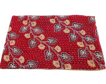 Twin Indian Kantha Quilt, Floral Cotton Bedspread, Handmade Throw