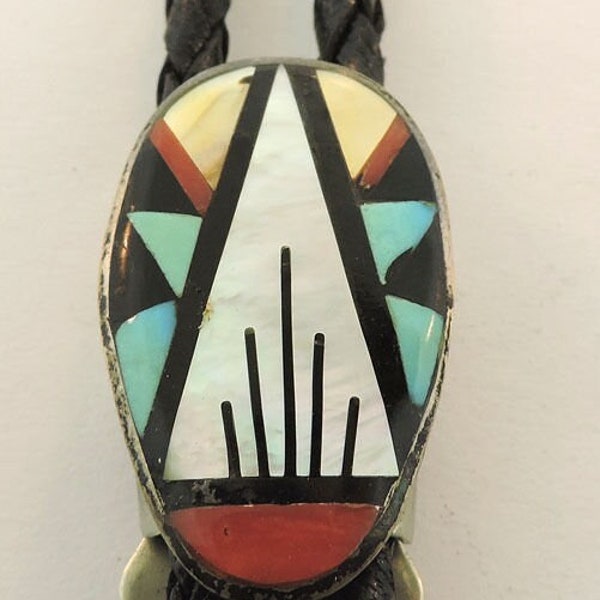 Sterling Silver + Leather - Zuni Inlaid Stone Bolo Tie Necklace