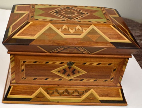 Vintage Prison Art Multi Wood Jewelry Trinket Box