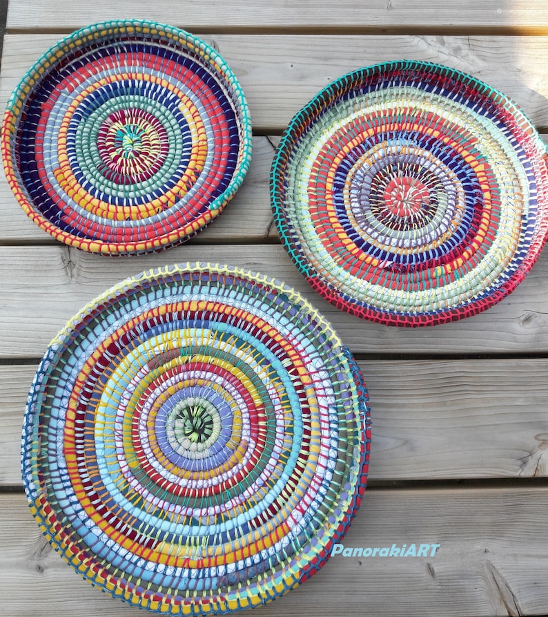 Large Textile Vessel Wall Decor Coiled Basket From Recycled Fabric Memory