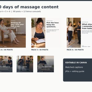 Può includere: Un pacchetto di marketing digitale intitolato 90 days of massage content, che include i pacchetti 4, 5 e 6 con 90 post e 12 caroselli bonus. Il layout mostra diversi modelli per social media con sovrapposizioni di testo, foto e opzioni Canva.