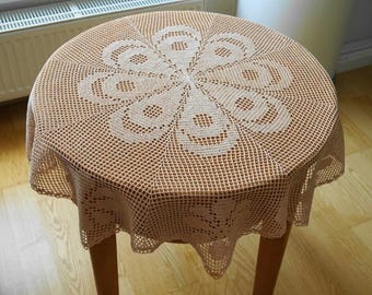 Round beige crochet cotton tablecloth 117 cm