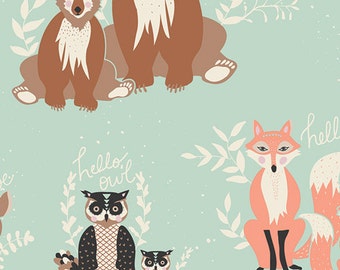 1 Yard Mint Green Hello Bear, Oh, Hello in Meadow Fabric, Bonnie Christine for Art Gallery Fabrics, Mint Green Woodland Fabric