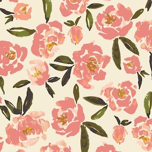 Campos de uma jarda de tecido Alsike, The Open Road for Art Gallery Fabrics, tecido floral, aquarela pêssego floral acolchoado algodão, TOR-13860