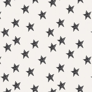 May include: A seamless pattern featuring black stars on a white background. The stars are drawn in a simple, hand-drawn style, giving the pattern a casual and playful feel.