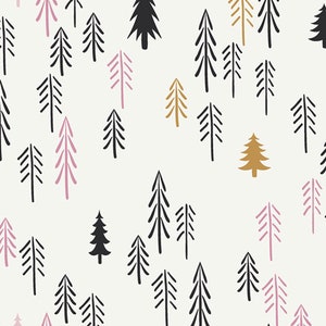 May include: A seamless pattern featuring stylized black, pink, and gold trees on a white background. The trees are drawn in a simple, minimalist style.