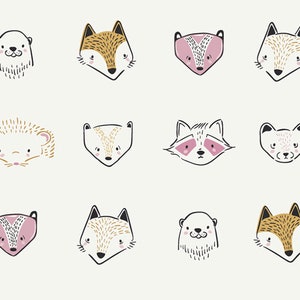 May include: A digital illustration of various animal faces, including a fox, raccoon, hedgehog, otter, and badger. The animals are drawn in a simple, cartoon style with black outlines and brown, pink, and white accents.
