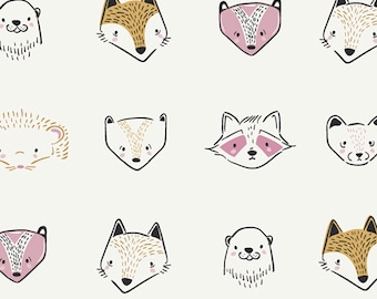 May include: A digital illustration of various animal faces, including a fox, raccoon, hedgehog, otter, and badger. The animals are drawn in a simple, cartoon style with black outlines and brown, pink, and white accents.