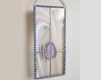 Stained Glass Suncatcher with Agate in Pink Swirls