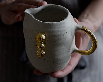Wobbly Matte White Pearl Milk Pitcher // ceramic pitcher, handmade coffee,minimal design,milk ,gift,drink,coffee,dining, gold luster