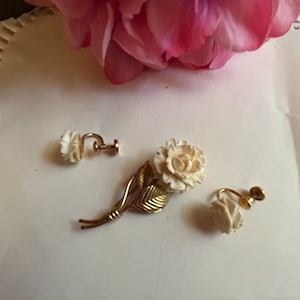 Vintage Carved  White Rose Brooch and Screw back Earrings