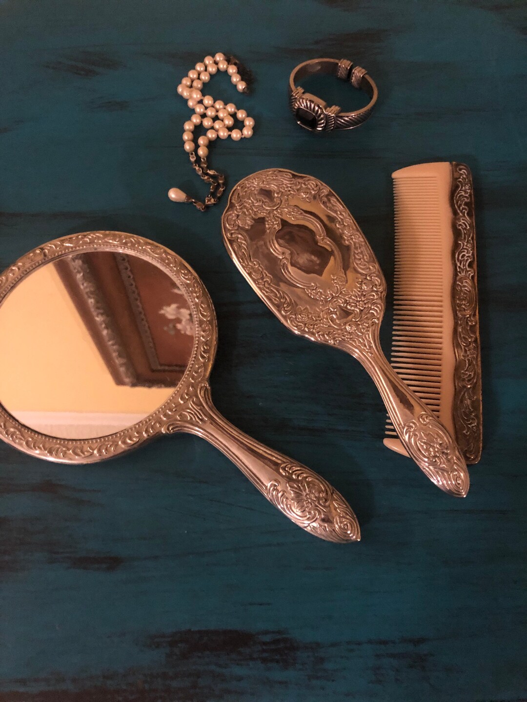 Vintage Silver Plated Mirror, Brush and Comb Vanity Set Etsy
