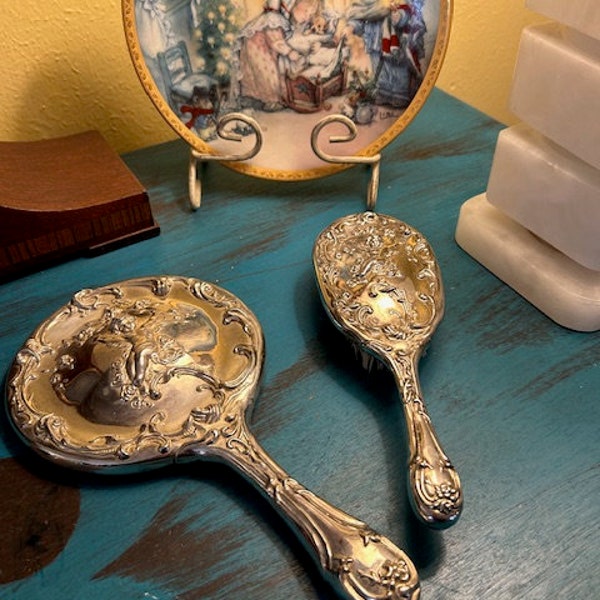 Vintage Art Silver-Plated Cherub Angel Figural Hand-Held Vanity Mirror and Brush Set