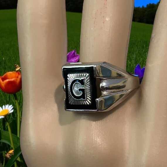 Sterling Onyx Stone Statement Ring Initial G Size… - image 2