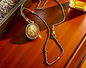 Vintage Floral Locket Necklace, Filigree Gold Tone Frame, 10K GF Chain