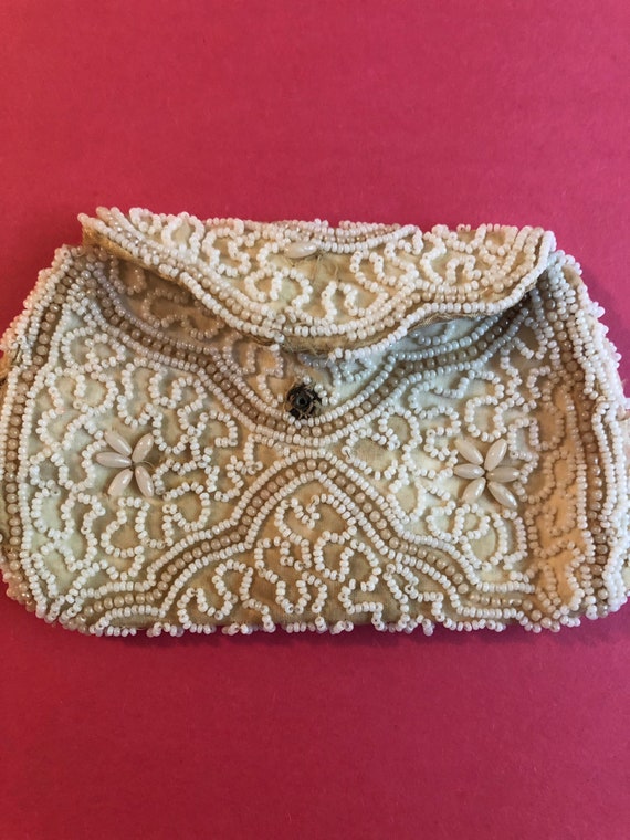 Hand Beaded White Coin Purse 5” X 3” - image 1