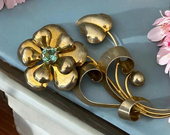 Vintage 1940’s Signed “Sterling AT” gold vermeil Aquamarine Blue  Floral Brooch