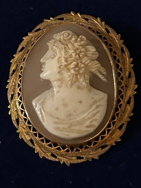 10K Yellow Gold Carved Shell Cameo Brooch - image 1