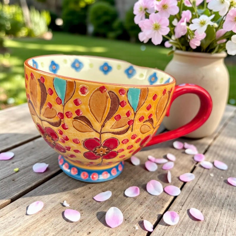 Pu&ograve; includere: Una grande tazza decorativa in ceramica con un vivace motivo floreale nei toni dell'arancione, marrone, rosso e verde acqua. La tazza ha un manico rosso e una base blu e rossa. Petali di fiori rosa sono sparsi intorno alla tazza su una superficie di legno.