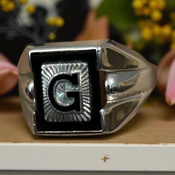 Sterling Onyx Stone Statement Ring Initial G Size… - image 9