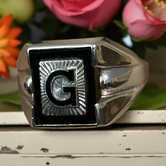 Sterling Onyx Stone Statement Ring Initial G Size… - image 8