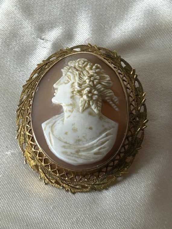 10K Yellow Gold Carved Shell Cameo Brooch - image 9