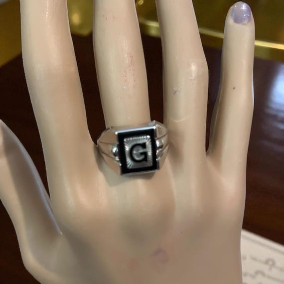 Sterling Onyx Stone Statement Ring Initial G Size… - image 1