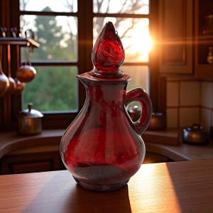 May include: A ruby red glass pitcher with a teardrop-shaped stopper. The pitcher has a handle and a spout. The background includes a window with a view of trees and a kitchen counter.